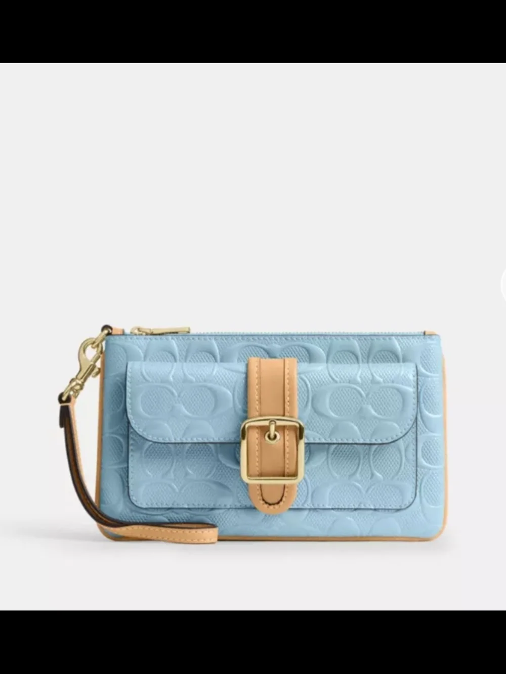 Coach Sky Blue Signature Wristlet with Tan Trim
